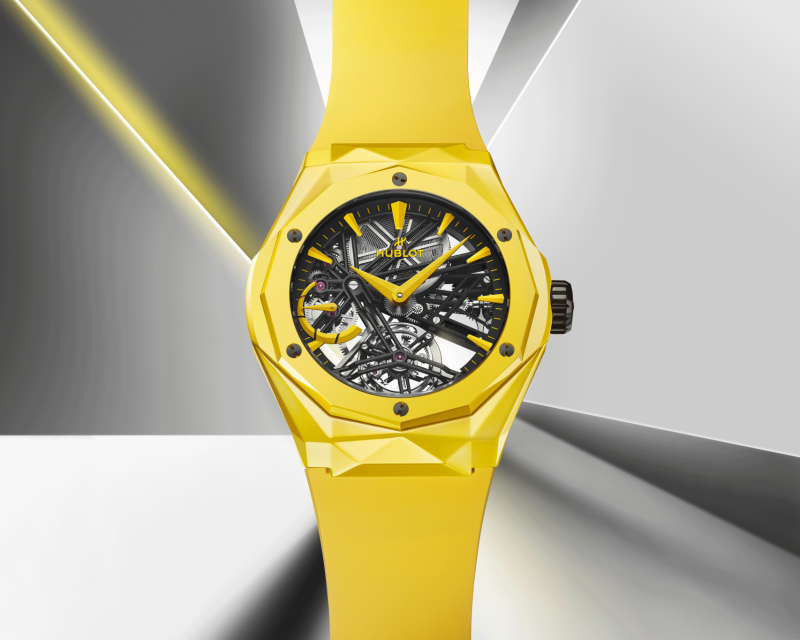 Revolving around fusion without compromise on any other technicality, a new collaboration brings Hublot once again with artist Richard Orlinski – resulting in the launch of the Classic Fusion Tourbillon Orlinski in vibrant yellow or sky blue. One is radiantly sunny with its case, strap, bezel, hands and index all dressed in yellow and an HUB6021 movement beating at its heart. Bright yellow has given way to sky blue, in which the bridges are covered in silver rhodium plating, revealing the polished, satin-brushed and embossed finishes of each component. Celestial or solar, only 30 pieces of each model will be produced.  