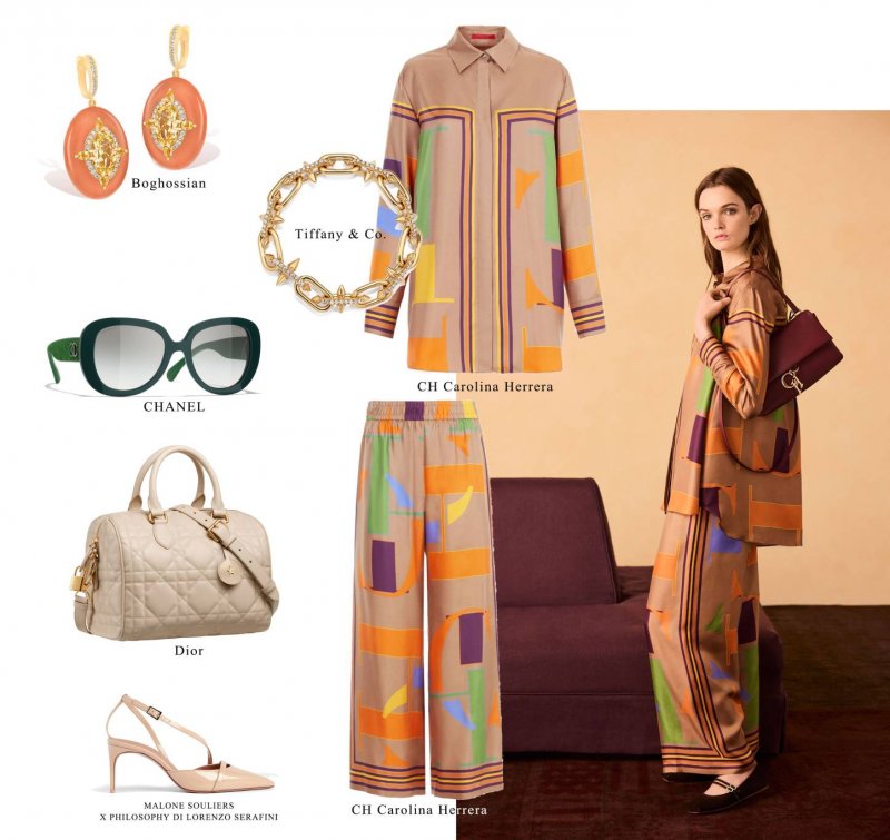 Look 4 
CH Carolina Herrera silk shirt 
CH Carolina Herrera silk pants
Malone Souliers x Philosophy di Lorenzo Serafini pumps
Dior bag
Boghossian Reveal earrings
Tiffany & Co. Tiffany Titan by Pharrell Williams bracelet
CHANEL sunglasses