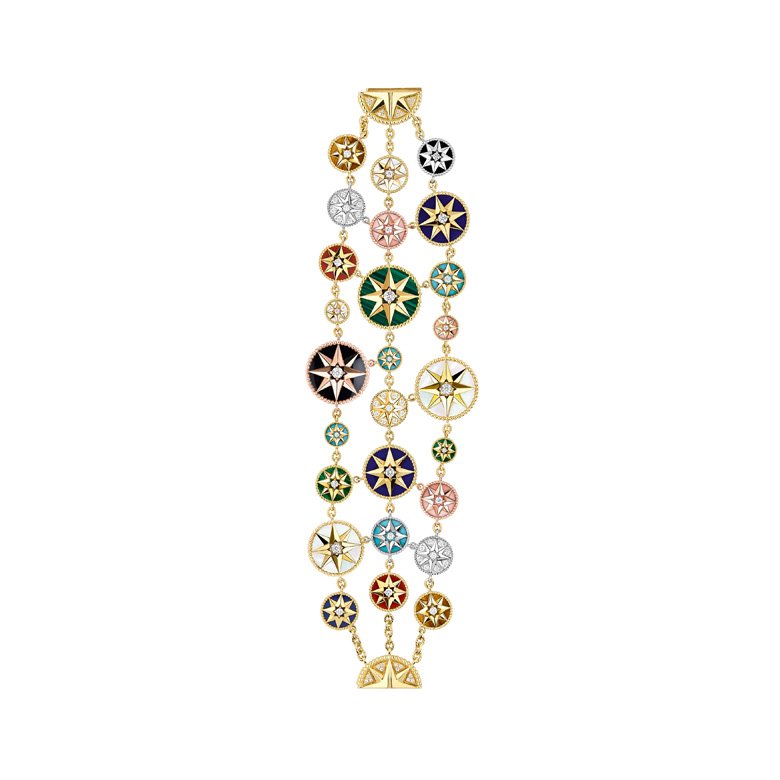 Rose Des Vents bracelet in yellow, white and pink gold, diamonds, onyx, malachite, mother-of-pearl, lapis lazuli, pink opal, turquoise, tiger eye and cornelian<br />