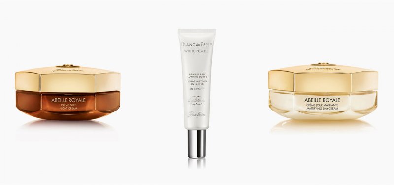 <strong>Guerlain</strong>, Abeille Royale Mattifying Day Cream<br /> <strong>Guerlain</strong>, White P.E.A.R.L Long Lasting UV Shield SPF 50/PA++++<br /> <strong>Guerlain</strong>, Abeille Royale Night Cream