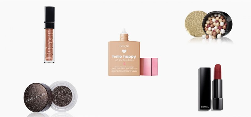 <strong>Benefit Cosmetics</strong>, Hello Happy Soft Blur Foundation<br /> <strong>Guerlain</strong>, Météorites Goldenland<br /> <strong>Dior</strong>, Diorshow Liquid Mono in Copper Starks – Limited Edition<br /> <strong>Marc Jacobs Beauty</strong>, See-Quins Glam Glitter eyeshadow in Glitter Rock<br /> <strong>CHANEL</strong>, Rouge Allure Velvet Extreme lipstick in Rose Obscur