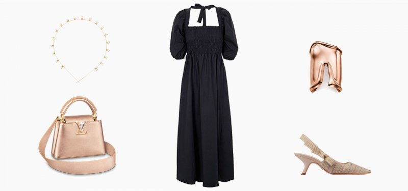 <strong>By Yoox</strong> dress<br /> <em>Via Yoox</em><br /> <strong>Dior</strong> sling-backs<br /> <em>Dior Gold capsule collection</em><br /> <strong>Jennifer Behr</strong> headband<br /> <em>Available on Farfetch.com</em><br /> <strong>Louis Vuitton</strong> bag<br /> <strong>Tiffany & Co.</strong> Elsa Peretti® large Bone cuff
