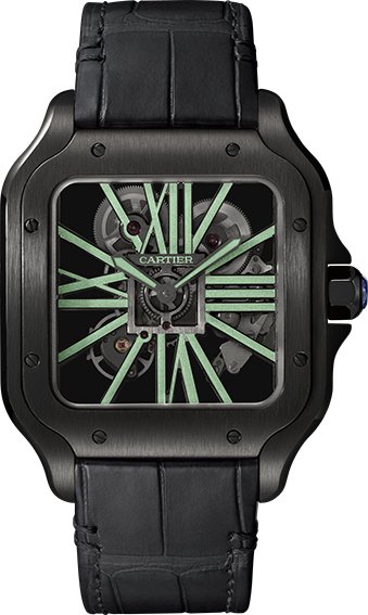<strong>Cartier, Santos de Cartier Skeleton Noctambule watch </strong><br />
Ordered by aviator Alberto Santos-Dumont in 1904 from Louis Cartier, the Santos de Cartier watch has a rich history in the world of modern wristwatches. It packs a statement through its square-shaped case supplied with intentionally visible screws and this year, the collection sees a new addition for the most modern of men: the new Santos de Cartier Skeleton Noctambule timepiece featuring bridges coated with Super-LumiNova pigments.