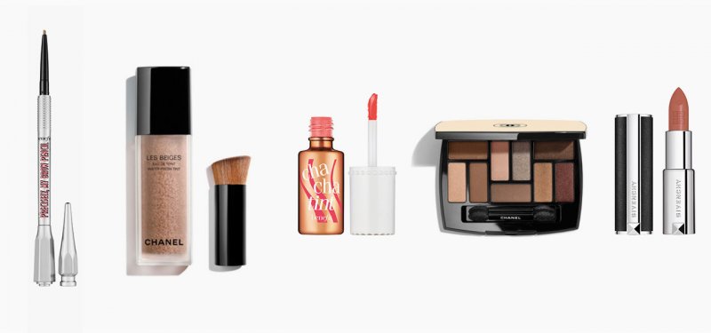 <strong>CHANEL</strong>, Water-Fresh Tint foundation<br /> <strong>Benefit Cosmetics</strong>, Precisely, My Brow<br /> <strong>CHANEL</strong>, Les Beiges Natural eyeshadow palette<br /> <strong>Givenchy</strong>, Le Rouge Extension in no 100<br /> <strong>Benefit Cosmetics</strong>, Cheek & Lip Stain in Chachatint