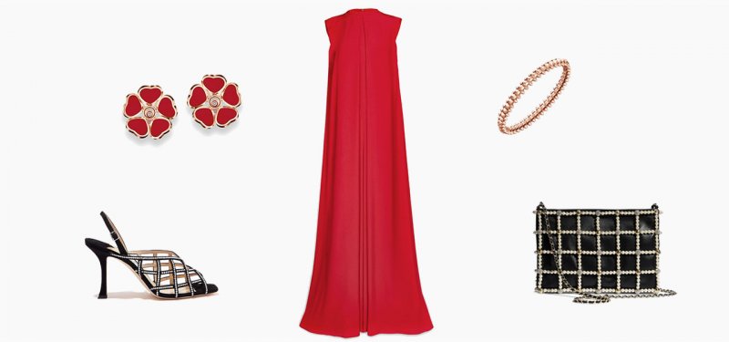 <strong>Noon by Noor </strong>dress<br /> <strong>Jimmy Choo </strong>sandals<br /> <em>Available on Ounass.com</em><br /> <strong>Chopard </strong>Happy Hearts Flowers earrings<br /> <strong>Cartier </strong>Clash de Cartier bracelet<br /> <strong>CHANEL</strong> clutch