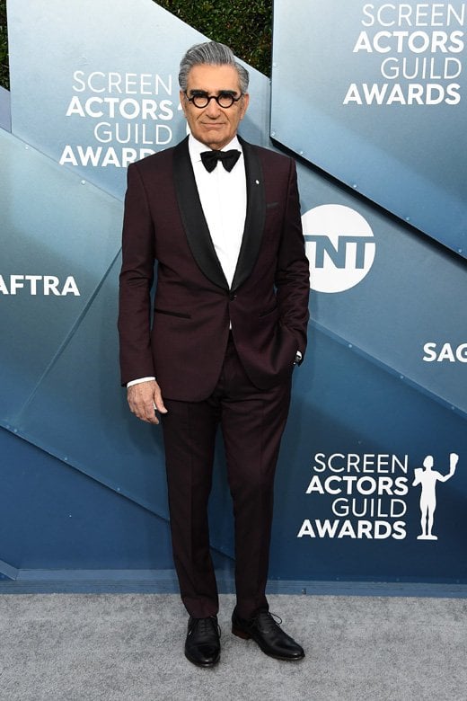 <strong>Eugene Levy</strong>, looking charming in a burgundy BOSS shawl collar tuxedo from the current Pre-Spring 2020 collection.<br />