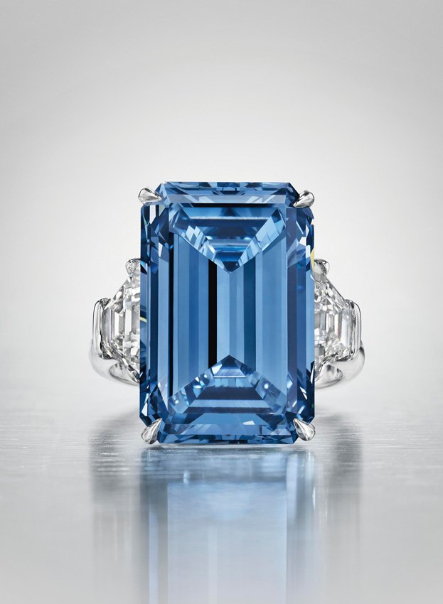 This ring features the world’s largest blue diamond called “The Oppenheimer Blue” weighing 14.62 carats<br /> <em>Photo Courtesy of Christies.com</em>