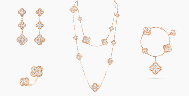 <strong>Van Cleef & Arpels</strong>, Magic Alhambra earrings, sautoir, bracelet and between-the-finger ring<br />
 