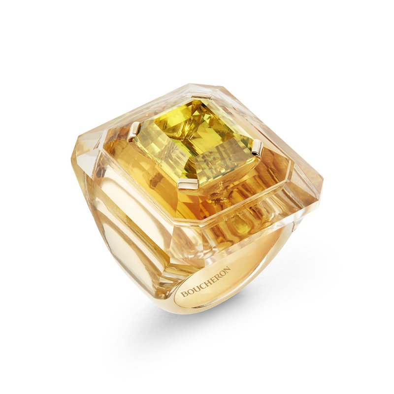 <strong>Boucheron</strong>, Paris, Vu Du 26 high jewelry collection, Taille Emeraude ring set with a 13.76-carat emerald-cut yellow beryl, a citrin and rock crystal