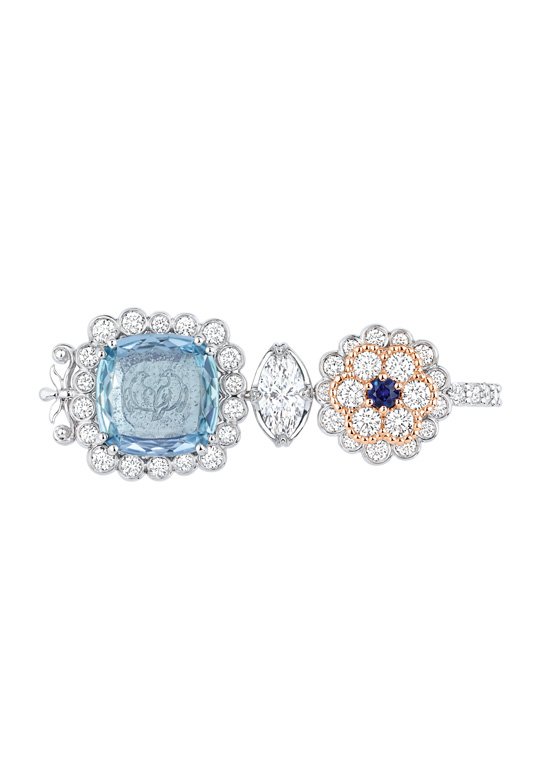 <strong>Dior</strong>, Dior à Versailles, Pièces Secrètes high jewelry collection, Volupté Aigue-Marine double ring<br />
 