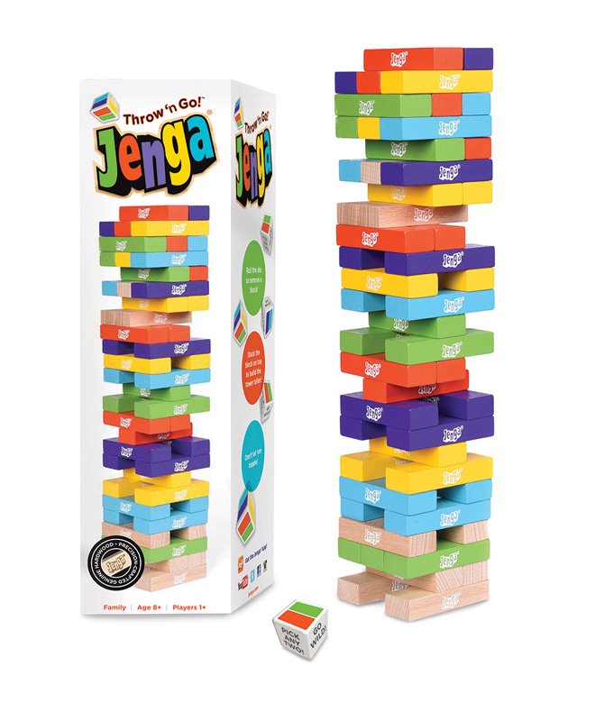 <strong>Jenga – Age: 5+</strong><br />
Nothing like Jenga can help promote your kids’ hand-eye coordination, strategy and patience. Watch them beat their friends while carefully removing the right wooden blocks without crashing the tower.<br />
 