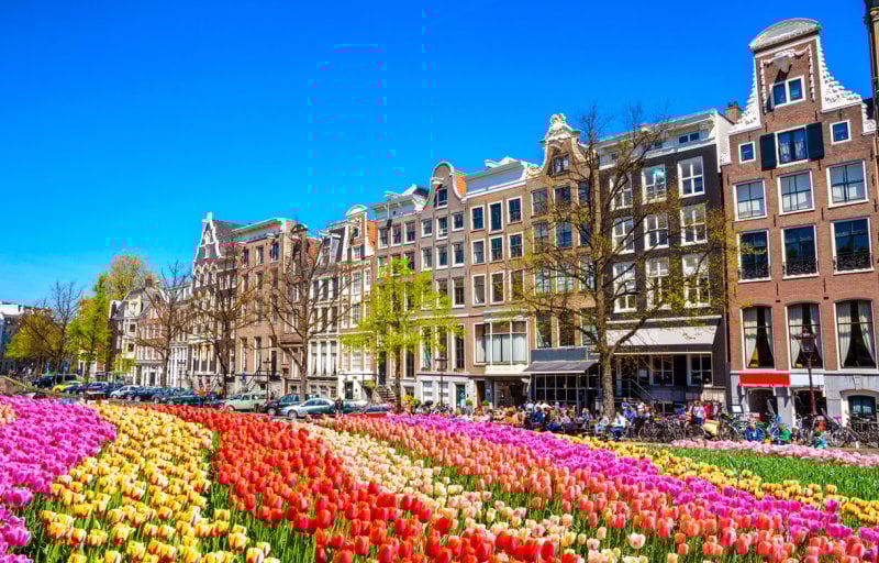 <strong>Amsterdam, Netherlands</strong><br />
In April, tulips bloom in Amsterdam and fill it with color. And if you happen to be there on the last Saturday of the month, you’ll get to celebrate King’s Day – which is the official birthday of the monarch and you’ll indulge yourself with amazing food at the huge flea markets.<br />
 