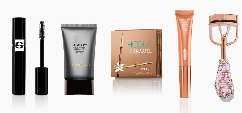 <strong>Hourglass</strong>, Immaculate foundation<br /> <strong>Sisley Paris</strong>, So Volume mascara<br /> <strong>Benefit Cosmetics</strong>, Hoola bronzer in Caramel<br /> <strong>Tarte</strong>, Hey Curl Hey lash curler<br /> <strong>Charlotte Tilbury</strong>, Glowgasm Beauty Light Wand