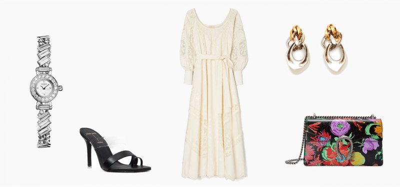 <strong>Tory Burch</strong> dress<br /> <strong>Black Suede Studio</strong> mules<br /> <em>Available at Harvey Nichols Dubai</em><br /> <strong>Alexander McQueen</strong> earrings<br /> <strong>Hermès</strong> Faubourg Polka watch<br /> <strong>Gucci</strong> bag<br /> <em>Available on Farfetch.com</em>