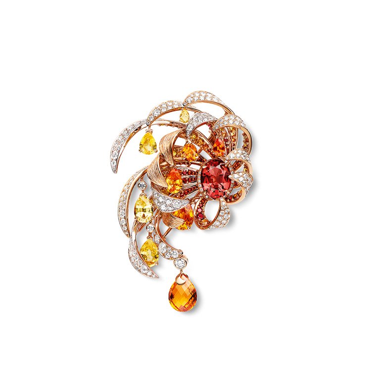 <strong>Chaumet</strong>, Les Ciels de Chaumet high jewelry collection, Soleil de Minuit brooch set with mandarin garnets, yellow sapphires and red spinels<br />
 
