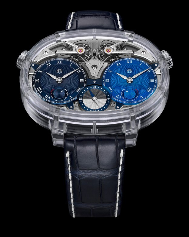 <p><strong>Armin Strom</strong>’s Dual Time Resonance Sapphire is a masterpiece in its own right. Its dazzling transparent sapphire crystal case takes transparency to new heights, offering a 360o view of the 2 movements it houses. Isn’t it a real treat for stylish watch enthusiasts?</p>
