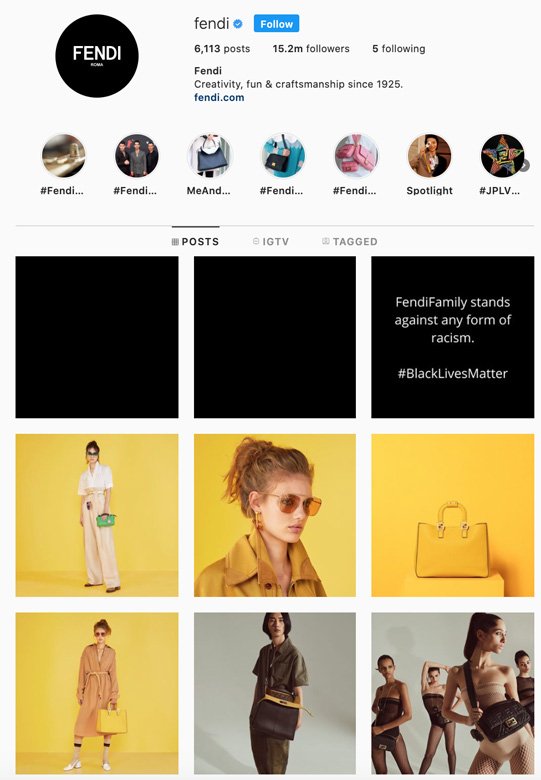 <p><em>Photo Courtesy of Instagram.com/fendi</em></p> <p><strong>Fendi</strong>’s Instagram account is “dressed” in black highlighting their fight against racism with the signature hashtag #BlackLivesMatter.</p>