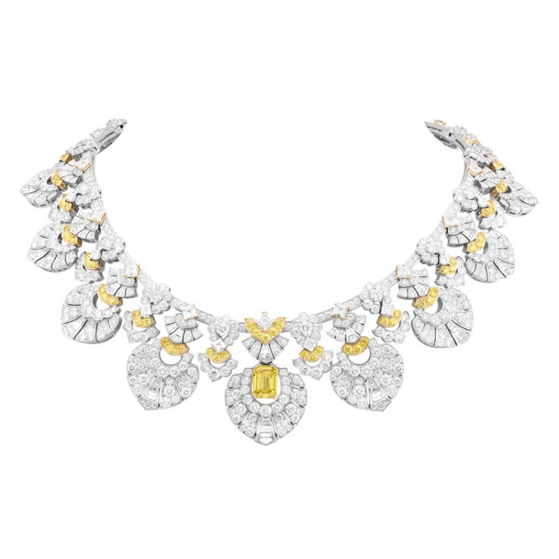 <strong>Van Cleef & Arpels</strong>, Quatre Contes de Grimm high jewelry collection, Plumage d’Or necklace featuring an emerald-cut Fancy Vivid Orangy Yellow diamond of 3.31 carats
