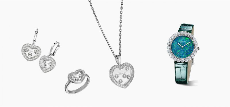 <strong>Set 7 </strong><br />
Chopard, Happy Diamonds Icons pendant, earrings and ring paired with L’Heure du Diamant watch