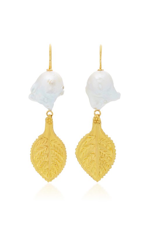 <strong>Ranjana Khan</strong>, Gold Leaf and Pearl earrings<br /> <em>Available at Modaoperandi.com</em><br />
 