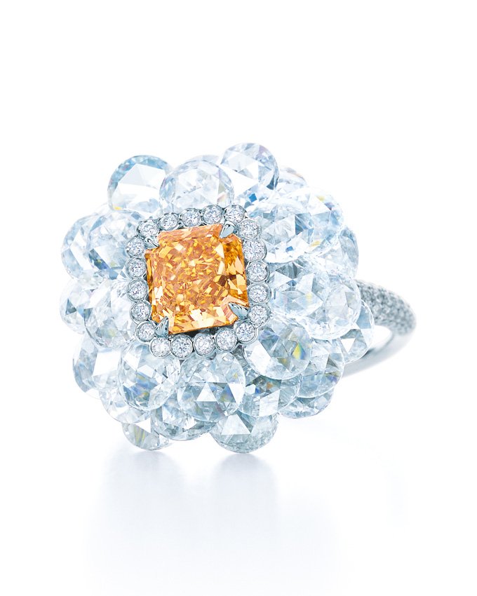 <strong>Tiffany & Co.</strong>, flower diamond ring featuring a rectangular fancy intense yellow-orange diamond
