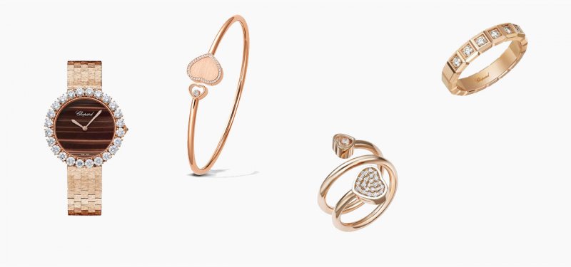 <strong>Date Night</strong><br /> <strong>Chopard</strong> L'Heure du Diamant watch<br /> <strong>Chopard</strong> Happy Hearts – Golden Hearts bangle<br /> <strong>Chopard</strong> Happy Hearts Twist ring<br /> <strong>Chopard</strong> Ice Cube ring