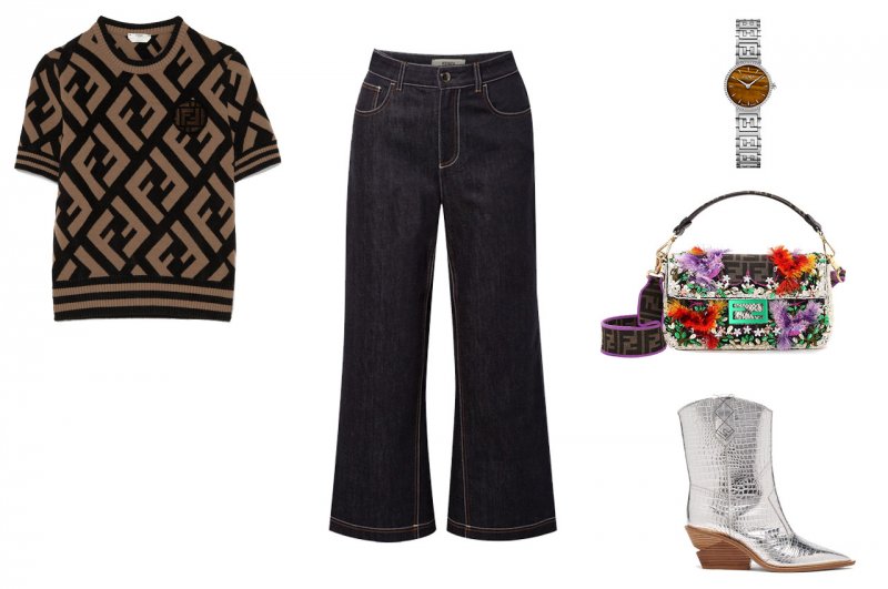 <strong>Look 1</strong><br />
Fendi top<br /> <em>Via Net-A-Porter</em><br />
Fendi jeans<br /> <em>Via Net-A-Porter</em><br />
Fendi baguette bag<br />
Fendi watch<br />
Fendi boots<br /> <em>Via Matches Fashion</em>