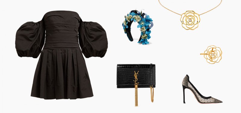 <strong>Look 1</strong><br />
Valentino dress<br /> <em>Via Matches Fashion</em><br />
Ranjana Khan headpiece<br /> <em>Via Net-A-Porter</em><br />
CHANEL Pétales de Camélia necklace<br />
CHANEL Pétales de Camélia ring<br />
Saint Laurent purse<br /> <em>Via Net-A-Porter</em><br />
Dior pumps