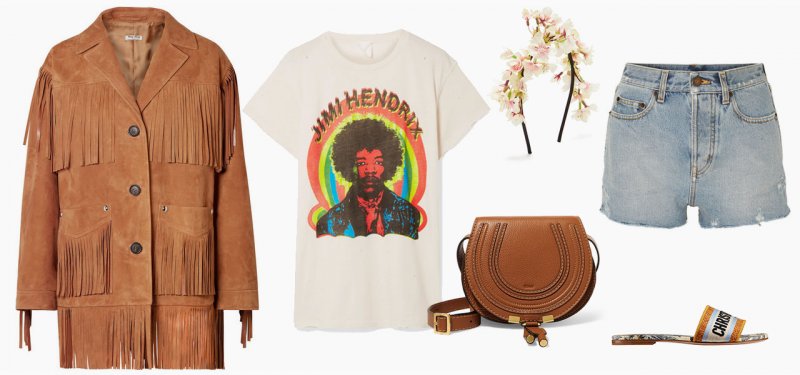 <strong>70s Hippie</strong><br />
Jimmy Choo tee<br /> <em>Via Net-A-Porter</em><br />
Saint Laurent shorts<br /> <em>Via Net-A-Porter</em><br />
Miu Miu jacket<br /> <em>Via Net-A-Porter</em><br />
Philippa Craddock headpiece<br /> <em>Via Matches Fashion</em><br />
Chloé bag<br /> <em>Via Net-A-Porter</em><br />
Dior slides