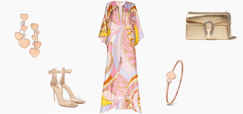 <strong>Look 1</strong><br />
Emilio Pucci kaftan<br /> <em>Via Farfetch.com</em><br />
Gianvito Rossi sandals<br /> <em>Via Ounass.com</em><br />
Gucci bag<br /> <em>Via Ounass.com</em><br />
Chopard, Happy Hearts, Golden Hearts earrings<br />
Chopard, Happy Hearts, Golden Hearts bangle