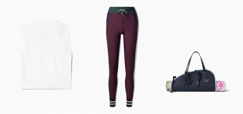 <strong>Look 1</strong><br />
Varley tank<br /> <em>Via Net-a-Porter</em><br />
The Upside leggings<br /> <em>Via Net-a-Porter</em><br />
JW Anderson Yoga mat and bag<br /> <em>Via Net-a-Porter</em>