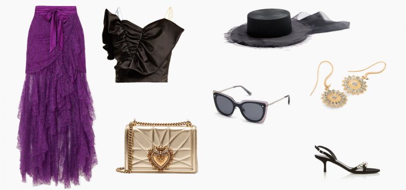 <strong>Look 2</strong><br />
Anna October top<br /> <em>Via Matches Fashion</em><br />
Rodarte skirt<br /> <em>Via Net-A-Porter</em><br />
Federica Moretti hat<br /> <em>Via Matches Fashion</em><br />
Swarovski sunglasses<br />
Nada G Power of Light earrings<br />
Dolce & Gabbana bag<br />
Giuseppe Zanotti sandals<br /> <em>Via Moda Operandi</em>