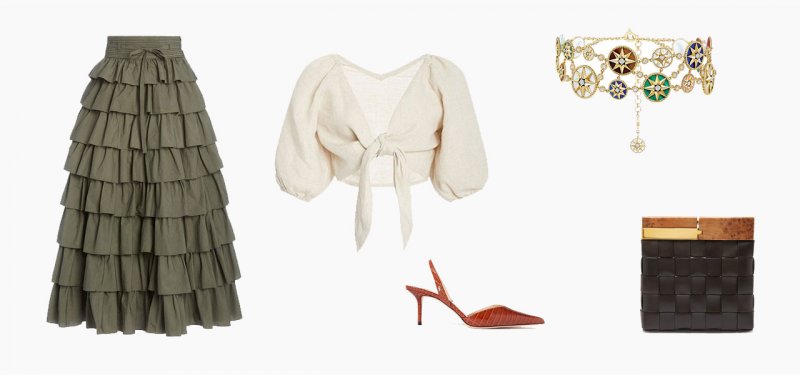 <strong>Look 2</strong><br />
Mia crop top<br /> <em>Via Moda Operandi</em><br />
Ulla Johnson maxi skirt<br /> <em>Via Moda Operandi</em><br />
Jimmy Choo sling-back pumps<br /> <em>Via Net-a-Porter</em><br />
Bottega Veneta clutch<br /> <em>Via Matchesfashion.com</em><br />
Dior, Rose des Vents choker