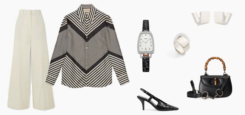 <strong>Look 2</strong><br /> <strong>Gucci</strong> shirt<br /> <strong>Brunello Cucinelli</strong> wide-leg pants<br /> <em>Via Net-a-porter.com</em><br /> <strong>Gucci</strong> slingback pump<br /> <strong>Hermès</strong> Galop d'Hermès watch<br /> <strong>Vhernier</strong> Abbraccio ring<br /> <strong>Vhernier</strong> Tonneau earrings<br /> <strong>Gucci</strong> bag