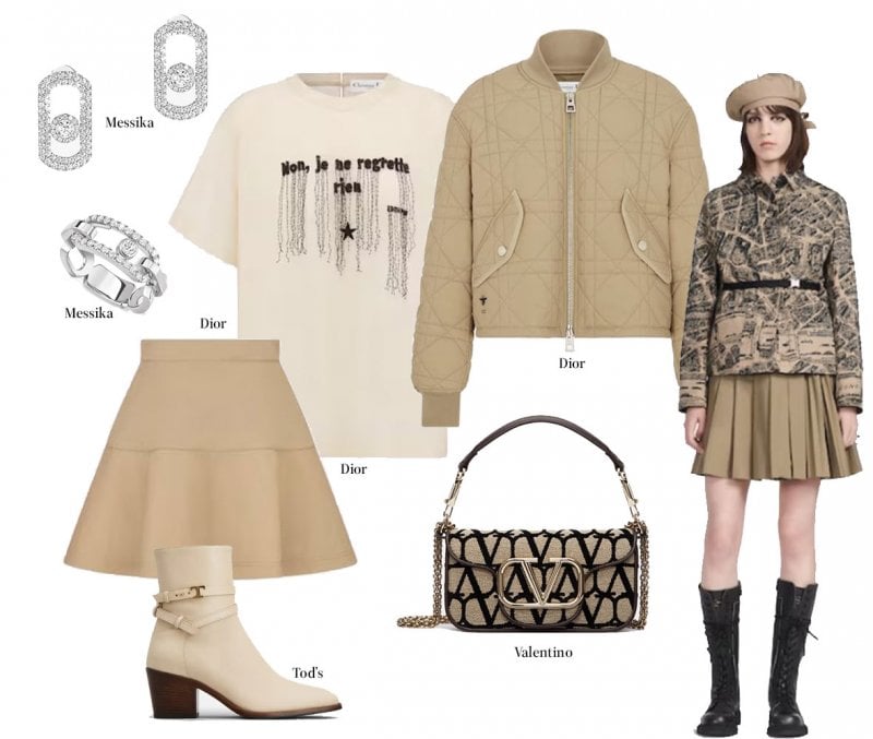 <strong>Look 3</strong><br /> <strong>Dior</strong> t-shirt<br /> <strong>Dior</strong> skirt<br /> <strong>Dior</strong> jacket<br /> <strong>Tod's</strong> boots<br /> <strong>Messika</strong> So Move earrings<br /> <strong>Messika</strong> Move Link ring<br /> <strong>Valentino Garavani</strong> bag