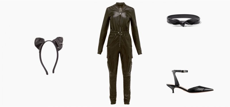 <strong>Cat Woman</strong><br />
Rick Owens leather jumpsuit<br /> <em>Via Matches Fashion</em><br />
Maison Michel cat ears<br /> <em>Via Matches Fashion</em><br />
Saint Laurent choker<br /> <em>Via Net-A-Porter</em><br />
Dior pumps