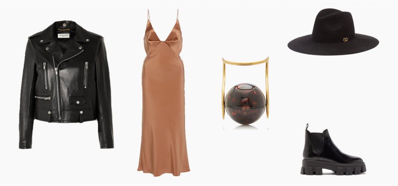 <strong>Look 3</strong><br />
Cushnie slip dress<br />
Saint Laurent leather jacket<br />
Valentino hat<br /> <em>Via Matches Fashion</em><br />
Cult Gaia bag<br /> <em>Via Moda Operandi</em><br />
Prada boots<br /> <em>Via Matches Fashion</em>
