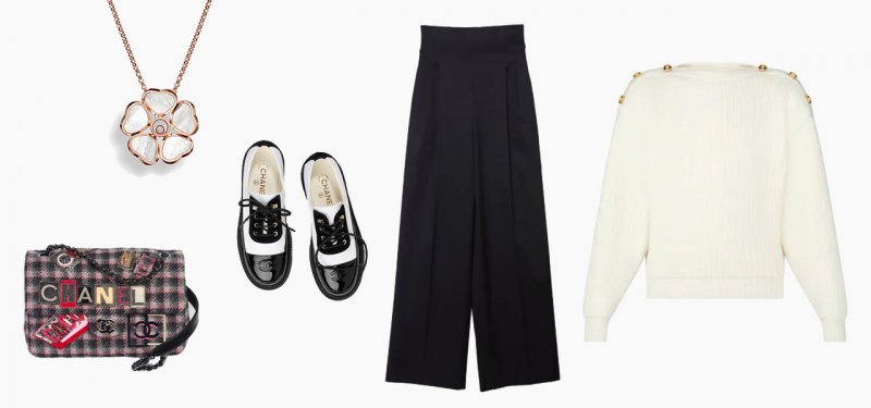 <strong>Look 3</strong><br /> <strong>Louis Vuitton</strong> sweater<br /> <strong>Carolina Herrera</strong> pants<br /> <strong>CHANEL</strong> shoes<br /> <strong>CHANEL</strong> bag<br /> <strong>Chopard</strong> Happy Hearts Flowers pendant