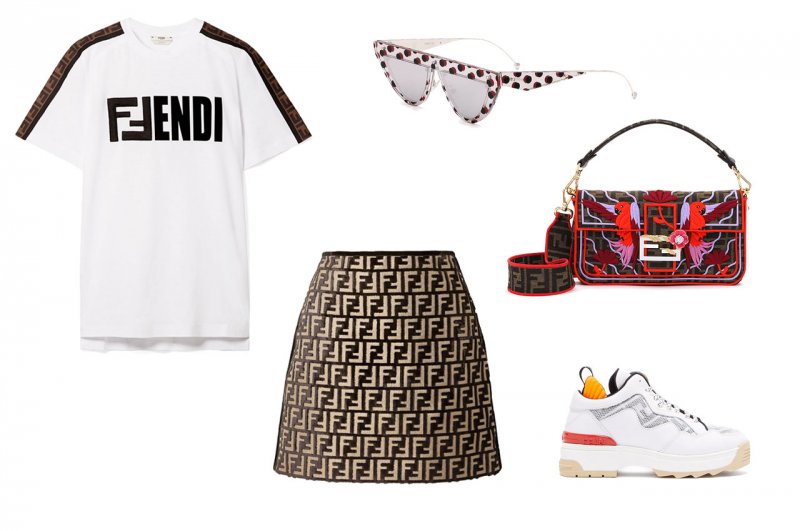 <strong>Look 4</strong><br />
Fendi t-shirt<br /> <em>Via Net-A-Porter</em><br />
Fendi skirt<br /> <em>Via Net-A-Porter</em><br />
Fendi sunglasses<br />
Fendi baguette bag<br />
Fendi sneakers<br /> <em>Via Matches Fashion</em>