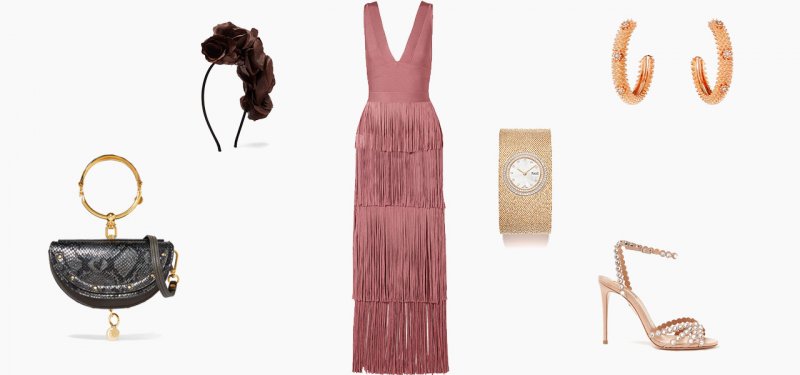 <strong>Look 4</strong><br />
Hervé Leger dress<br /> <em>Via Net-A-Porter</em><br />
Philippa Craddock headpiece<br /> <em>Via Matches Fashion</em><br />
Cartier, Cactus de Cartier earrings<br />
Piaget Possession cuff watch<br />
Aquazzura sandals<br /> <em>Via Matches Fashion</em>
