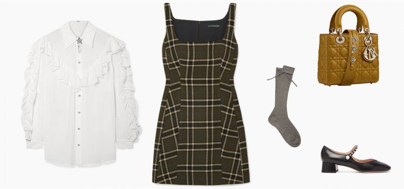 <strong>Cher Horowitz</strong><br />
Alexachung dress<br /> <em>Via Net-A-Porter</em><br />
Miu Miu blouse<br /> <em>Via Net-A-Porter</em><br />
Dior bag<br />
Prada socks<br /> <em>Via Moda Operandi</em><br />
Miu Miu maryjanes<br /> <em>Via Matches Fashion</em>