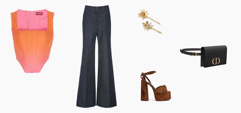 <strong>Look 4</strong><br />
Staud top<br /> <em>Via Moda Operandi</em><br />
Victoria Beckham jeans<br /> <em>Via Moda Operandi</em><br />
Dior belt bag<br />
Rosantica hair clips<br /> <em>Via Matches Fashion</em><br />
Saint Laurent platforms<br /> <em>Via Matches Fashion</em>