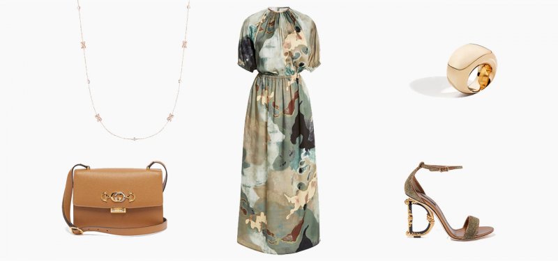 <strong>Look 4</strong><br />
Solari maxi dress<br /> <em>Via Moda Operandi</em><br />
Dolce & Gabbana sandals<br /> <em>Via Ounass.com</em><br />
Gucci bag<br /> <em>Via Matchesfashion.com</em><br />
Chaumet, Jeux de Liens long necklace<br />
Vhernier, Aladino ring