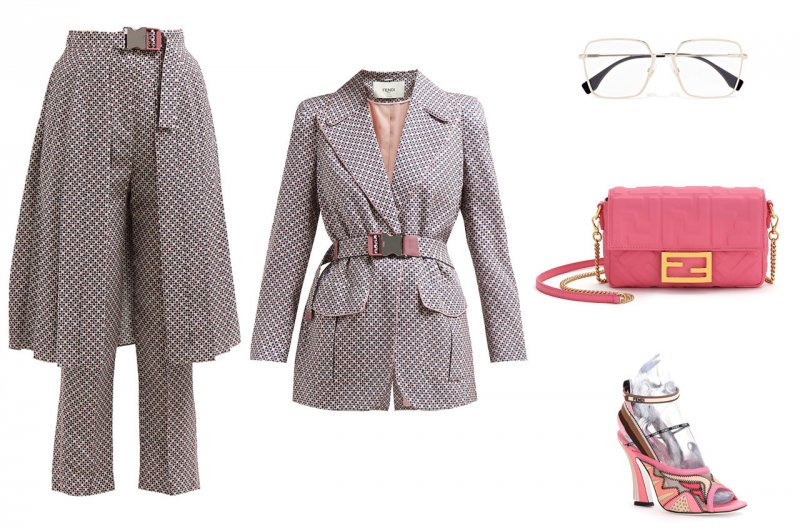 <strong>Look 5</strong><br />
Fendi Blazer<br /> <em>Via Matches Fashion</em><br />
Fendi trousers<br /> <em>Via Matches Fashion</em><br />
Fendi glasses<br />
Fendi baguette bag<br />
Fendi sandals