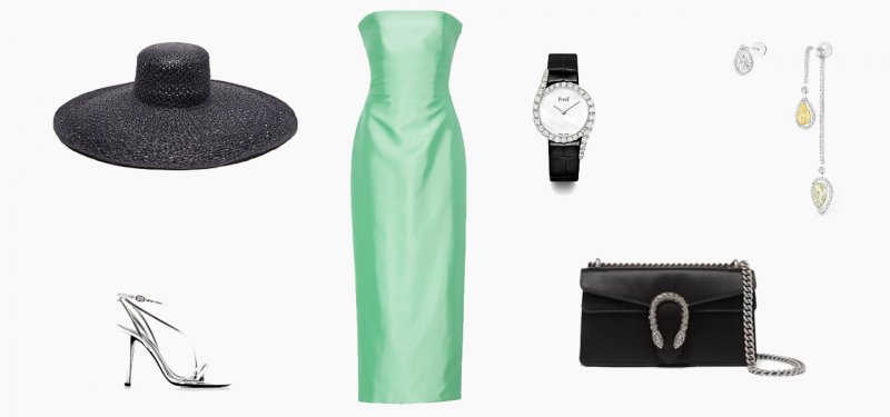 <strong>Look 5</strong><br />
Brandon Maxwell dress<br /> <em>Via Moda Operandi</em><br />
Lola Hats hat<br /> <em>Via Matches Fashion</em><br />
Messika Paris earrings<br />
Piaget Limelight Gala watch<br />
Gucci bag<br /> <em>Via Net-A-Porter</em><br />
Isabel Marant sandals<br /> <em>Via Moda Operandi</em>
