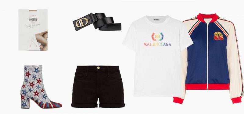 <strong>Harley Quinn</strong><br />
Gucci bomber jacket<br /> <em>Via Farfetch</em><br />
Balenciaga tee<br /> <em>Via Net-A-Porter</em><br />
Frame shorts<br /> <em>Via Matches Fashion</em><br />
Dior belt<br />
Wolford net stockings<br /> <em>Via Matches Fashion</em><br />
Dior boots