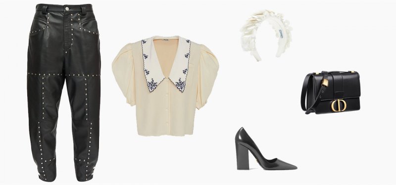 <strong>Look 5</strong><br />
Miu Miu top<br /> <em>Via Moda Operandi</em><br />
Isabel Marant trousers<br /> <em>Via Matches Fashion</em><br />
Prada headband<br /> <em>Via Matches Fashion</em><br />
Dior bag<br />
Prada pumps<br /> <em>Via Net-A-Porter</em>