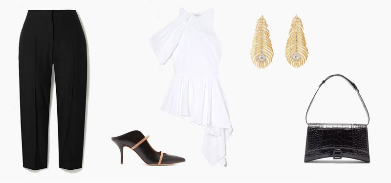 <strong>Look 5</strong><br />
Alexander McQueen top<br /> <em>Via Net-a-Porter</em><br />
Alexander McQueen pants<br /> <em>Via Net-a-Porter</em><br />
Malone Soulier mules<br /> <em>Via Matchesfashion.com</em><br />
Balenciaga bag<br /> <em>Via Matchesfashion.com</em><br />
Boucheron, Plume de Paon earrings