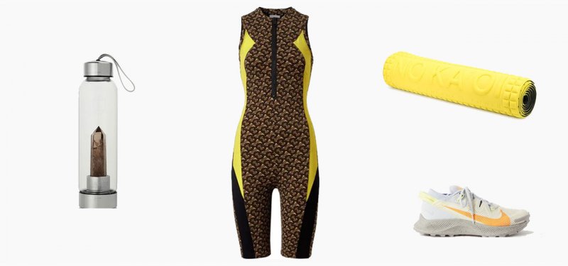 <strong>Look 5</strong><br /> <strong>Burberry</strong> playsuit<br /> <em>Via Farfetch.com</em><br /> <strong>Nike</strong> sneakers<br /> <em>Via Net-a-Porter</em><br /> <strong>No Ka’ Oi</strong> yoga mat<br /> <em>Via Farfetch.com</em><br /> <strong>Glacce</strong> water bottle<br /> <em>Via Net-a-Porter</em>