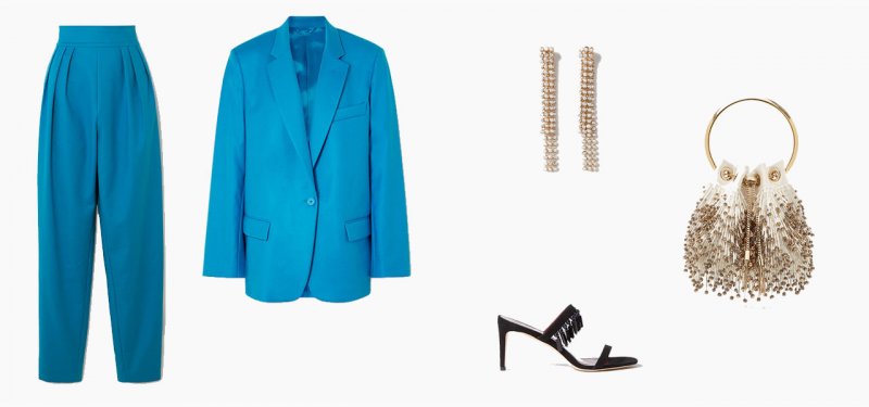 <strong>Look 6</strong><br />
The Attico blazer<br /> <em>Via Net-A-Porter</em><br />
The Attico trousers<br /> <em>Via Net-A-Porter</em><br />
Etro earrings<br /> <em>Via Net-A-Porter</em><br />
Jimmy Choo bag<br /> <em>Via Moda Operandi</em><br />
Staud mules<br /> <em>Via Net-A-Porter</em>